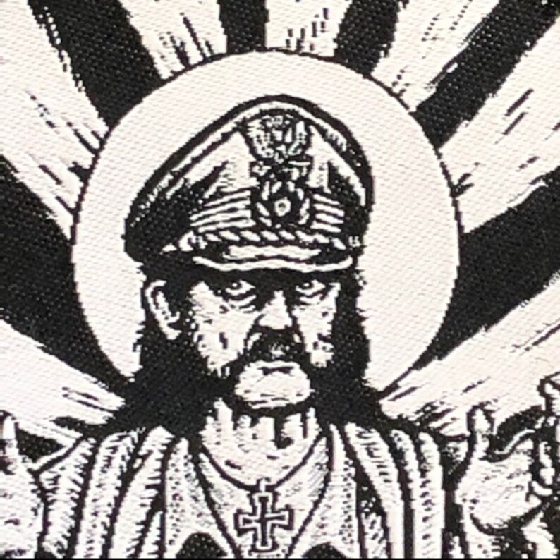 May include: Black and white illustration of a person wearing a military-style hat with a cross on their chest. The person is surrounded by a white halo and rays of light.
