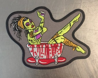 Zombie Girl in Tub of Blood Embroidered Iron On Horrorpunk Patch by Bloodbath Products