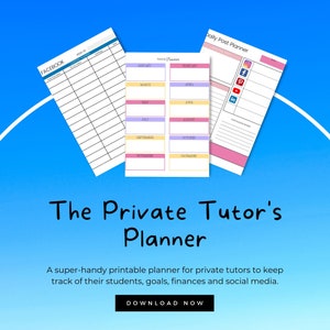 May include: A printable planner designed for private tutors. The planner includes sections for tracking students, goals, finances, and social media. The image shows a monthly calendar, a daily post planner, and a social media tracker.