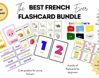 May include: A set of colourful French flashcards for beginners. The flashcards include numbers, colours, days of the week, months, shapes, fruits, and animals. The set also includes a free teaching guide. The text on the flashcards is in French.