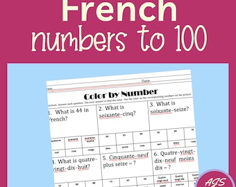 May include: A color by number worksheet with a French theme. The worksheet features a picture of a colorful flower with numbers and French words for numbers. The instructions are to answer each question and use the answer to find the color. Use the color on the corresponding numbers on the picture.