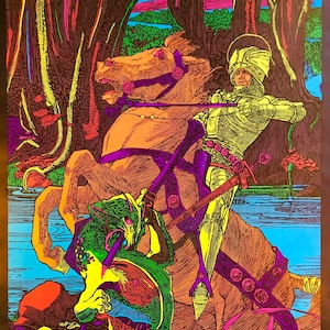 Vintage 1970s BLACK LIGHT Dragon & Saint GEORGE Knight Jousting Horse Sword Fight Poster
