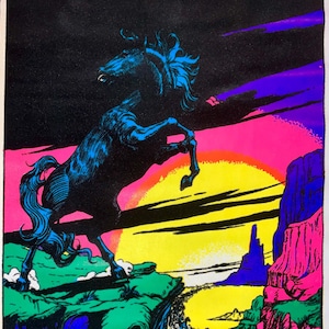 Vintage Velvet 1975 Psychedelic~horse FURY~ Stampede Black Light