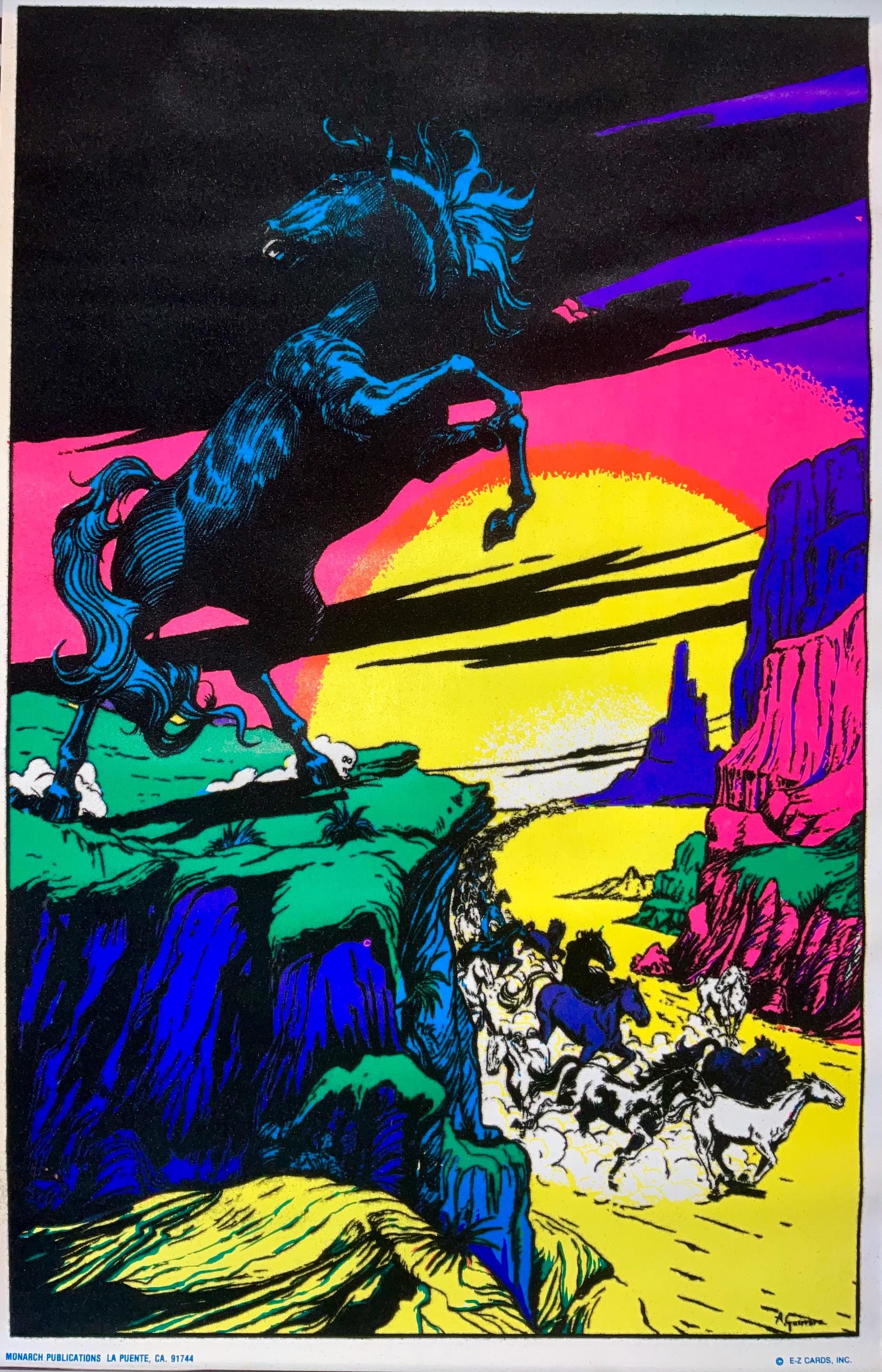 Vintage Velvet 1975 Psychedelic~horse FURY~ Stampede Black Light