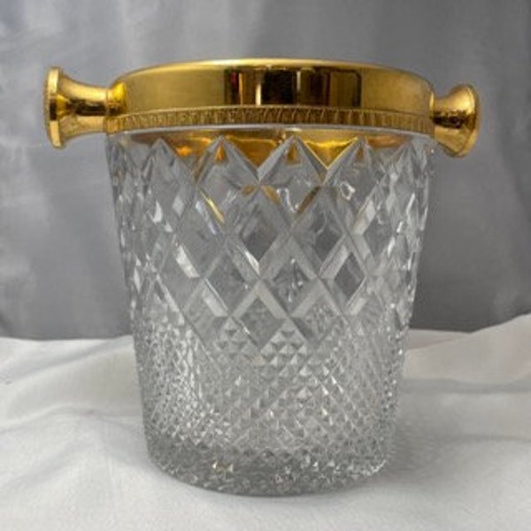 Crystal Cut Ice Bucket with Gold Rim, Bar Accessories, Drink Cooler, Elegant Gold Rim Bucket, Party Essential