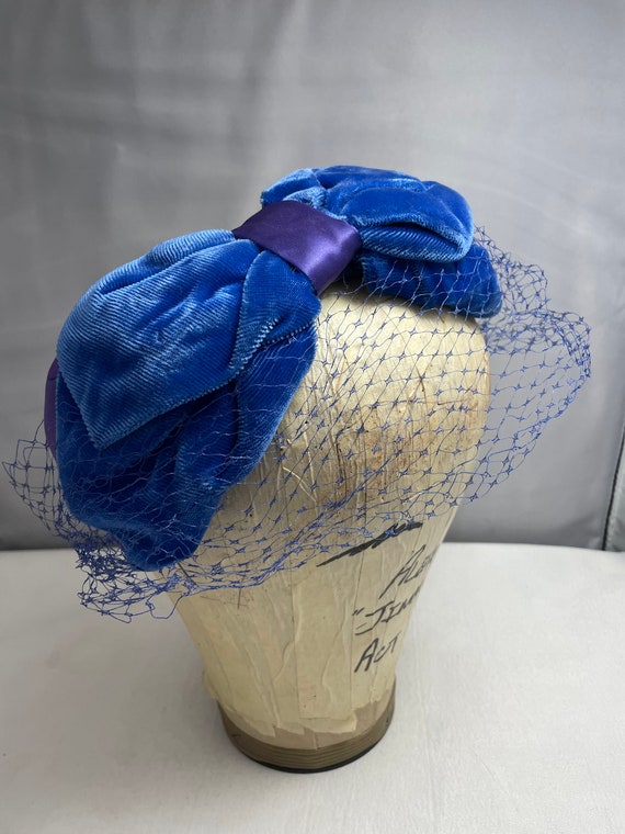 1920's Blue/Purple Velvet/Silk/Lace Headband, Fla… - image 1