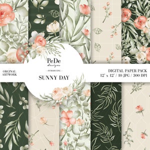 BUY 3 PAY FOR 2, Sunny Day, watercolor digital paper pack, floral patterns, green background, leaves, flowers, roses, spring, download
