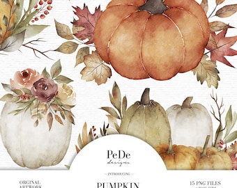 Watercolor pumpkin arrangement clip art, autumn cliparts, fall leaves, planner stickers, thanksgiving clipart, download