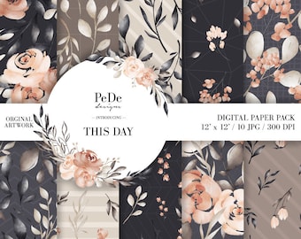 This Day, watercolor digital paper pack, floral patterns, rustic background, leaves, flowers, roses, autumn, download