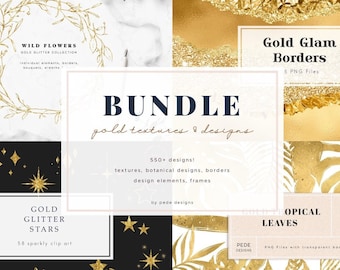 Gold Textures & Designs Elements Bundle, gold background, gold frames, wild flowers, tropical leaves, glitter stars, gold borders, download