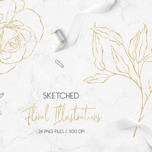 Gold skizziert Blumenillustrationen, einzelne Elemente, Blumen Clipart, Goldfolie, Hochzeit, Logo-Design, Download