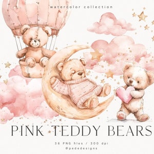 Teddybären Clip Art Set, Aquarell Clipart, Plüschtiere, Kinderzimmer, Babyparty, Mädchen, schlafende Teddybären, Download