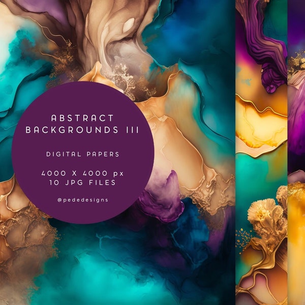 Abstract Backgrounds, digital paper pack, alcohol ink art, gold, purple, pink, dark turquise, blue, invitation supply, botanical, download