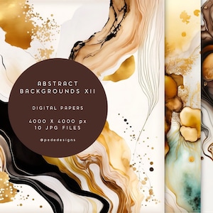 May include: Set of 10 digital papers featuring abstract watercolor backgrounds in shades of gold, brown, black, and white. The papers are 4000 x 4000 pixels and are perfect for creating digital art, scrapbooking, and other creative projects.