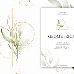 Coleção Geométrica, kit ouro e aquarela, arranjos geométricos, logotipo, convite de casamento, desenho botânico, download