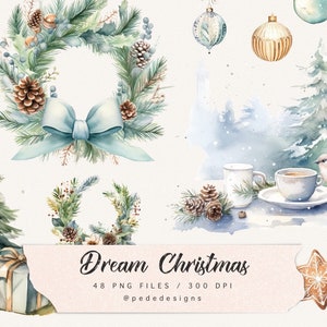 Dream Christmas, akwarelowe świąteczne cliparty, zimowe grafiki png, choinka, Święty Mikołaj, ozdoby świąteczne, pierniki, pobierz
