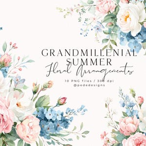 Bloemstukken uit de Grandmillenial-zomercollectie, aquarelbloemen, pastel bloemen png, roze en blauw, boeket clipart, download