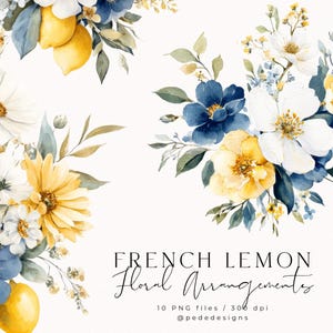 Blumenarrangements aus der French Lemon Collection, Aquarell Blumensträuße, gelbe und dunkelblaue Blumen, elegante Hochzeit png, Download