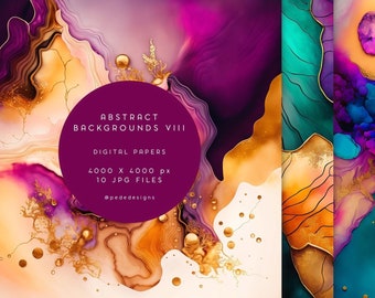 Abstract Backgrounds, digital paper pack, alcohol ink art, gold, purple, pink, turquise, invitation background, modern abstract, download
