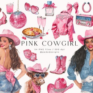 May include: A watercolor illustration with a pink cowgirl theme. The image features a variety of pink items, including a jacket, boots, a hat, and balloons. The text "PINK COWGIRL" is displayed prominently, along with other design elements.