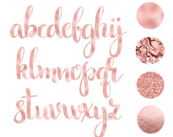 Rose gold alphabet clip art, 4 luxury styles, rose gold foil, rose gold glitter, lower case, rose gold design, download