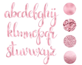 Pink alphabet clip art, 4 luxury styles, pink foil, pink glitter, pink letters, lower case, pink design, download