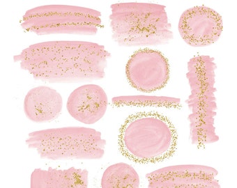 Pink watercolor strokes with gold glitter, hand painted overlay, logo design, blog, cards, splash, gold confetti, download