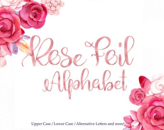 BUY 3 PAY FOR 2, Rose gold foil alphabet clipart, rose gold font clipart, rose letters, numbers, letters with swirls, swatches, download