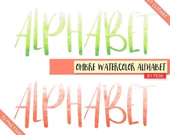 BUY 3 PAY FOR 2, Ombre watercolor alphabet clipart, printable letters, digital alphabet clipart, brush font clipart, green, orange, instant