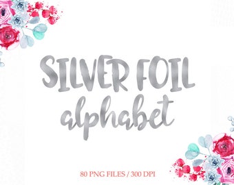 BUY 3 PAY FOR 2, Silver foil alphabet clipart, silver digital, silver font clipart, hand drawn letters, silver clipart, brush pen, download