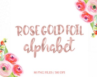 BUY 3 PAY FOR 2, Rose gold foil alphabet clipart, digital rose alphabet, upper case, lower case, numbers, rose brush font clipart, download