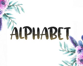 BUY 3 PAY FOR 2, Black watercolor alphabet clipart, watercolor numbers, letters with gold glitter confetti, brush font clipart, download