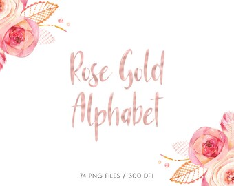 BUY 3 PAY FOR 2, Rose gold foil alphabet clip art, digital rose alphabet, rose gold hand lettering, rose brush font clipart, download