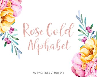 BUY 3 PAY FOR 2, Rose gold foil alphabet clip art, digital rose alphabet, rose gold foil hand lettering, rose brush font clipart, download