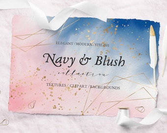 Navy & Blush Collection, watercolor backgrounds, polygonal frames, geometric elements, watercolor shapes, floral, download