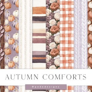 May include: A collection of twelve seamless digital papers featuring various patterns including brown and white plaid, fern leaves, pumpkins on a purple background, stripes, floral prints, orange gingham, knit textures, and diamond shapes with text.