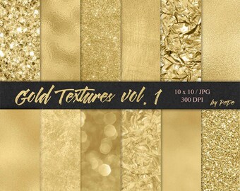 May include: A digital collection of twelve gold textures featuring various finishes including glitter, metallic foil, brushed metal, and crumpled paper. A black horizontal banner displays the text Gold Textures vol. 1, 10 x 10 / JPG, 300 DPI, by Pepe.