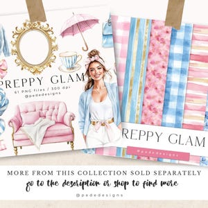 May include: A digital illustration set featuring preppy and girly designs. The set includes a girl with blonde hair wearing a white shirt and blue cardigan, a pink sofa, a blue and white striped scarf, a blue and white gingham pattern, a pink and white floral pattern, and a blue floral pattern.