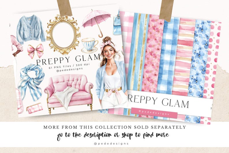 May include: A digital illustration set featuring preppy and girly designs. The set includes a girl with blonde hair wearing a white shirt and blue cardigan, a pink sofa, a blue and white striped scarf, a blue and white gingham pattern, a pink and white floral pattern, and a blue floral pattern.