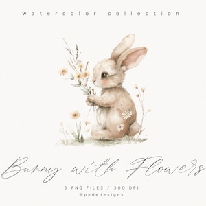 Bunny with Flowers clipart, watercolor baby bunny, spring png graphics, easter clipart, nursery clipart, spring flowers, daisies, download image 6