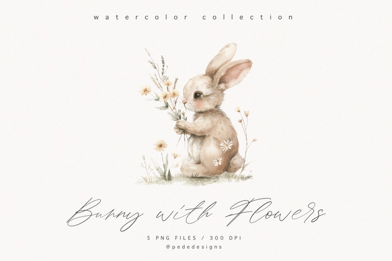 Bunny with Flowers clipart, watercolor baby bunny, spring png graphics, easter clipart, nursery clipart, spring flowers, daisies, download image 6