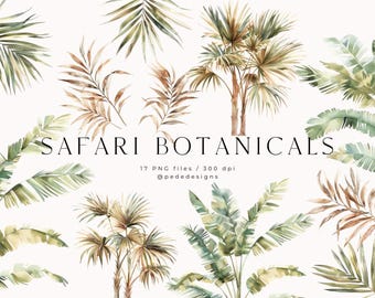 Może przedstawiać: Kolekcja akwarelowych ilustracji przedstawiających różne liście palmowe i drzewa tropikalne w odcieniach zieleni i brązu. Tekst SAFARI BOTANICALS jest wyśrodkowany, a poniżej widnieje 17 PNG files / 300 dpi oraz @pededesigns.