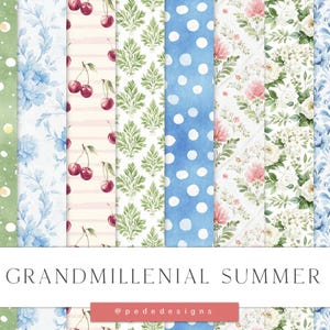 Grandmillenial Summer Digital-Papiere, pinkfarbene digitale Papiere, blaues Rapportmuster, florales Muster, Damast nahtlos, grünes Muster, Download