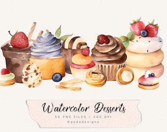 Watercolor desserts clip art, candy clipart, sweets illustration, dessert graphics, with fruits, piece of cake png, cake clipart, download