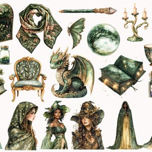 Peut inclure: Une collection d'illustrations fantaisistes vertes et dor&eacute;es repr&eacute;sentant un dragon, une sorci&egrave;re, un ch&acirc;teau, un livre, une tasse &agrave; th&eacute;, une boule de cristal, un coffre, une &eacute;charpe, une baguette magique, un chandelier et des fioles de potion. Les illustrations sont peintes dans un style aquarelle et ont une ambiance magique et f&eacute;erique.