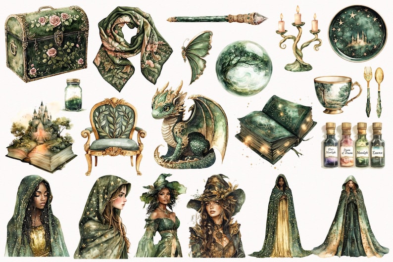 Peut inclure: Une collection d'illustrations fantaisistes vertes et dor&eacute;es repr&eacute;sentant un dragon, une sorci&egrave;re, un ch&acirc;teau, un livre, une tasse &agrave; th&eacute;, une boule de cristal, un coffre, une &eacute;charpe, une baguette magique, un chandelier et des fioles de potion. Les illustrations sont peintes dans un style aquarelle et ont une ambiance magique et f&eacute;erique.
