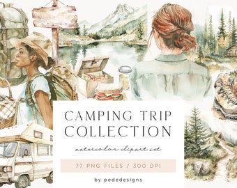 Camping Trip Collection, watercolor clipart, tent png, travel graphics, forest, into the wild, cabin, camping site, hiking trail, download