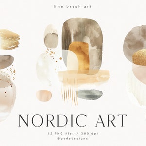 Arte Nórdico, clipart de acuarela, arreglos abstractos, elementos pintados a mano, estilo moderno, formas orgánicas, tinta, colores neutros, descargar