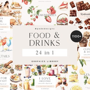 Bundel eten en drinken, clipartbibliotheek, aquarelillustraties, voedselclipart, koffiepauze, bakafbeeldingen, dessert, fruit, download