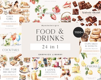 Food & Drinks Bundle, clipart library, watercolor illustrations, food clipart, coffee break, baking graphics, dessert, fruits, download